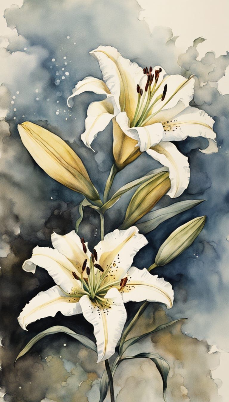 Vintage Ink Painting of a Gold Band Lily