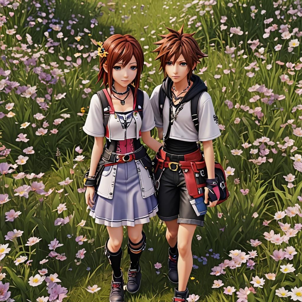 Kairi in Sora's Outfit in Flower Field: Anime Art