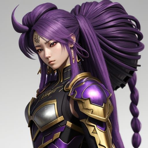 Feminine Warrior with Long Purple Dreadlocks in Gold Armor