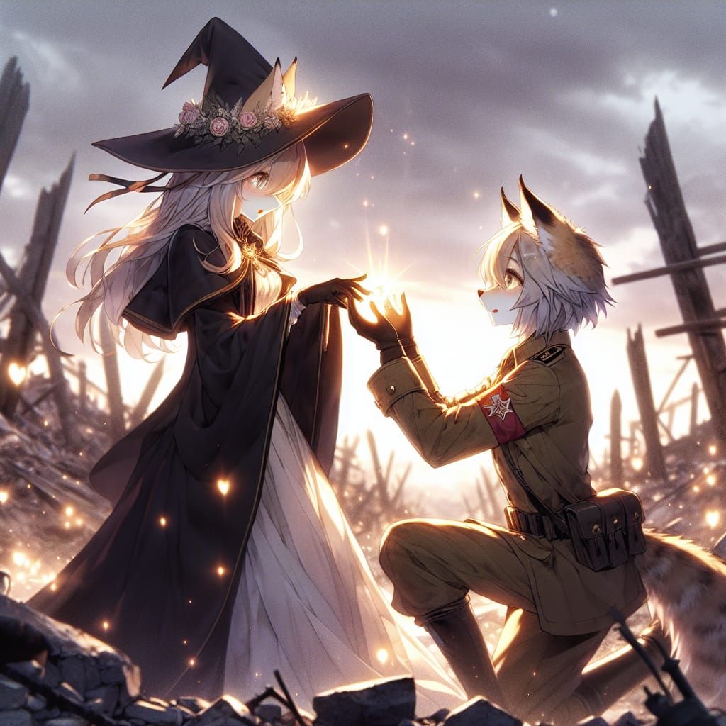 Romantic Anime Lynx Couple Embrace on Battlefield