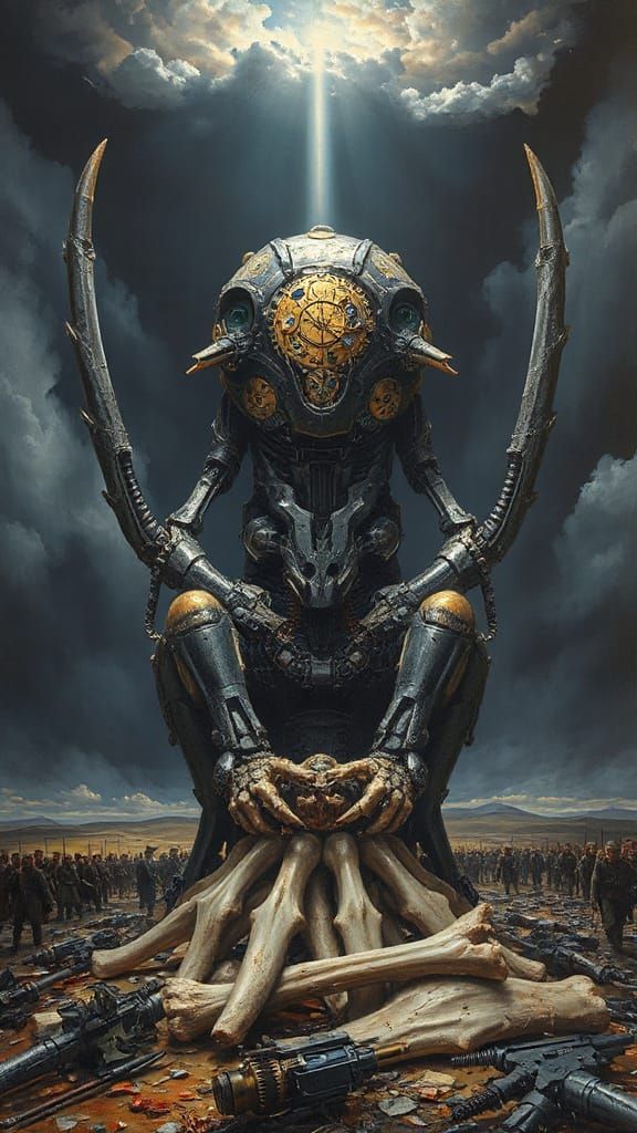 Cybernetic Creature on Bone Throne: An Oil Painting
