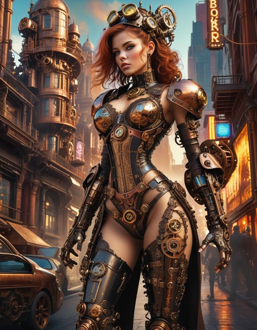 Steampunk Cyborg in Sprawling Cityscape: Digital Illustratio...