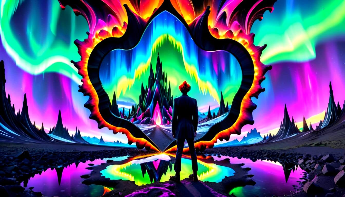 Colossal Mirror Reflects Neon Clown Under Aurora Sky