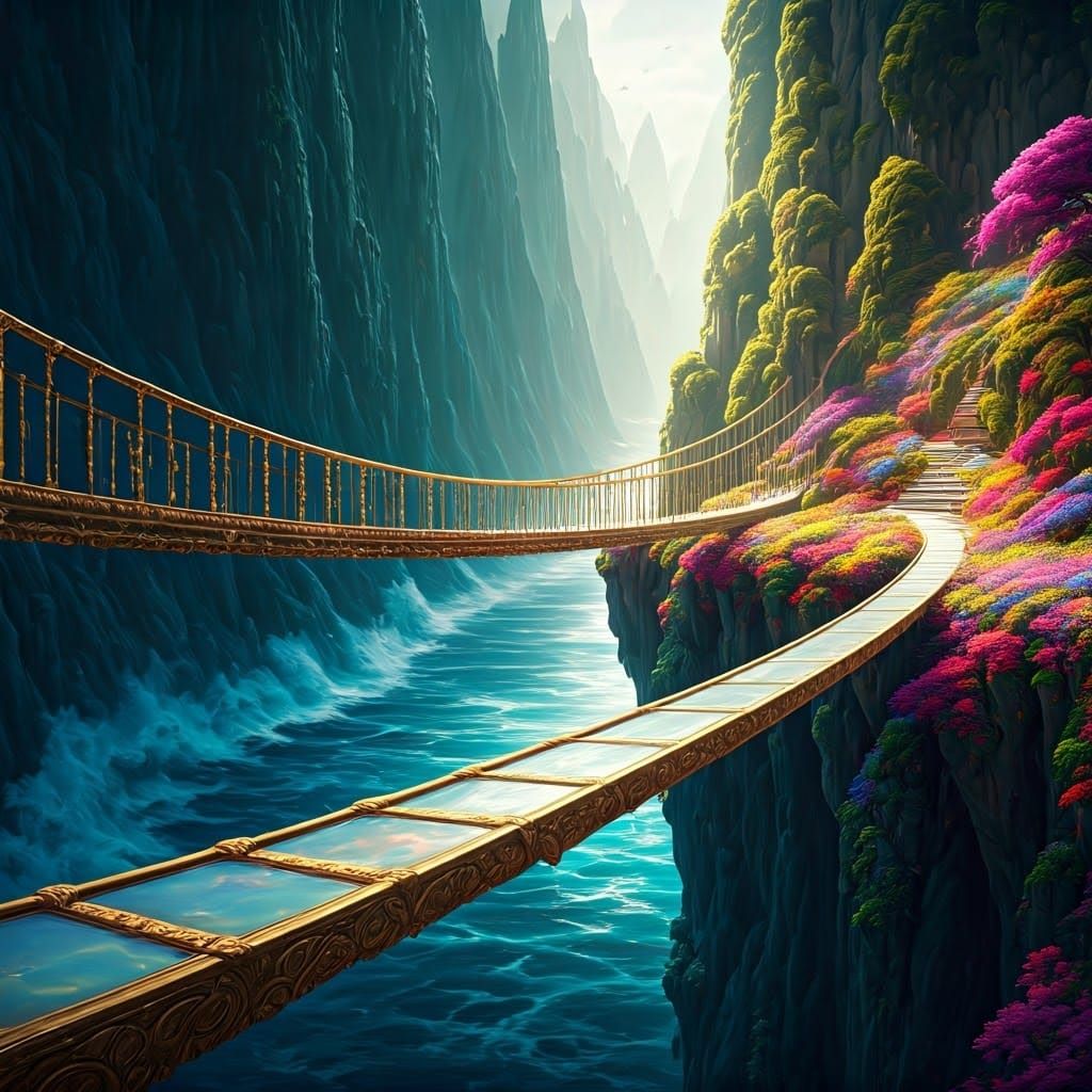 Elegant Opulent Rope Bridge Crossing Majestic Rainbow Flower...