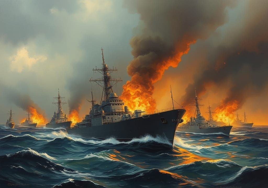 Naval Fleet Battles a Storm: Oil Painting