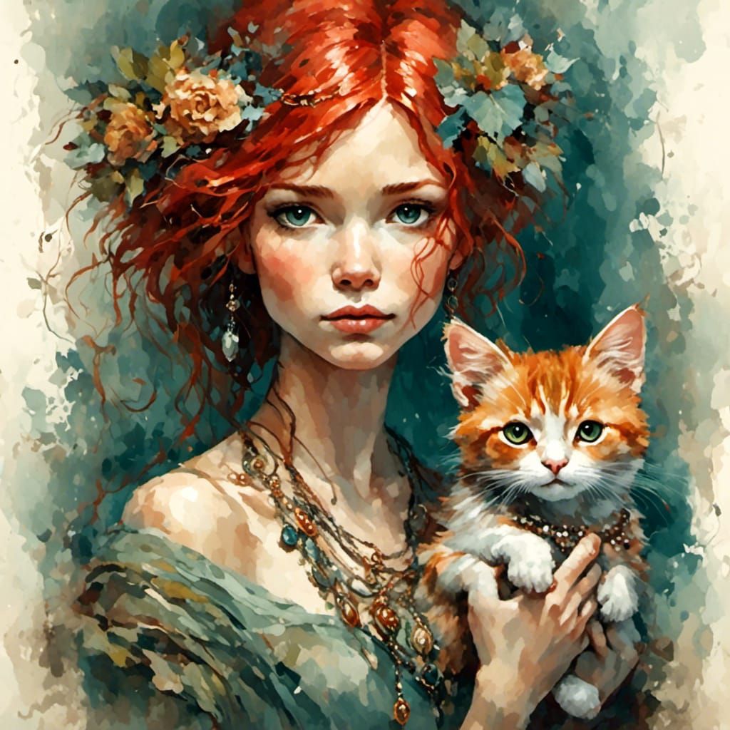 Enchanting Red-Haired Woman Holding a Cat