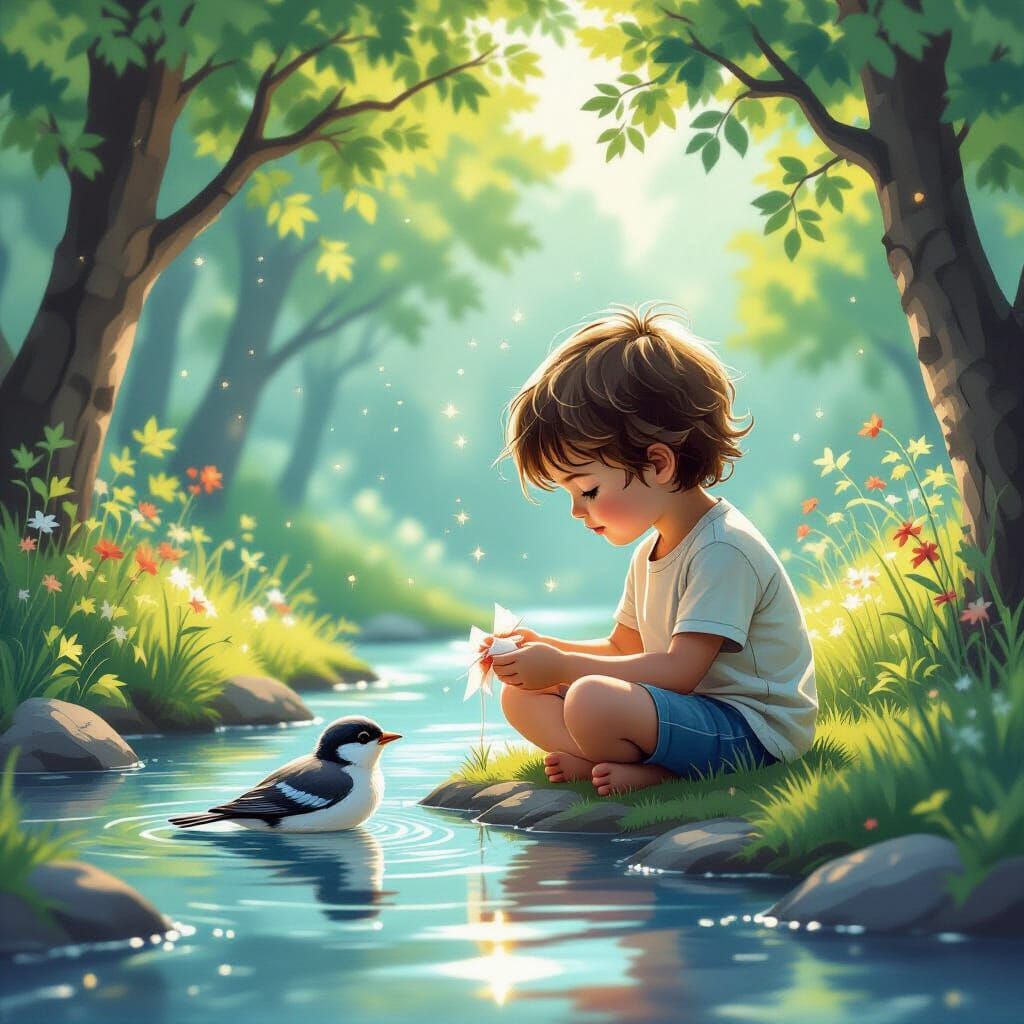 Child Tends Wounded Bird by Magical Stream