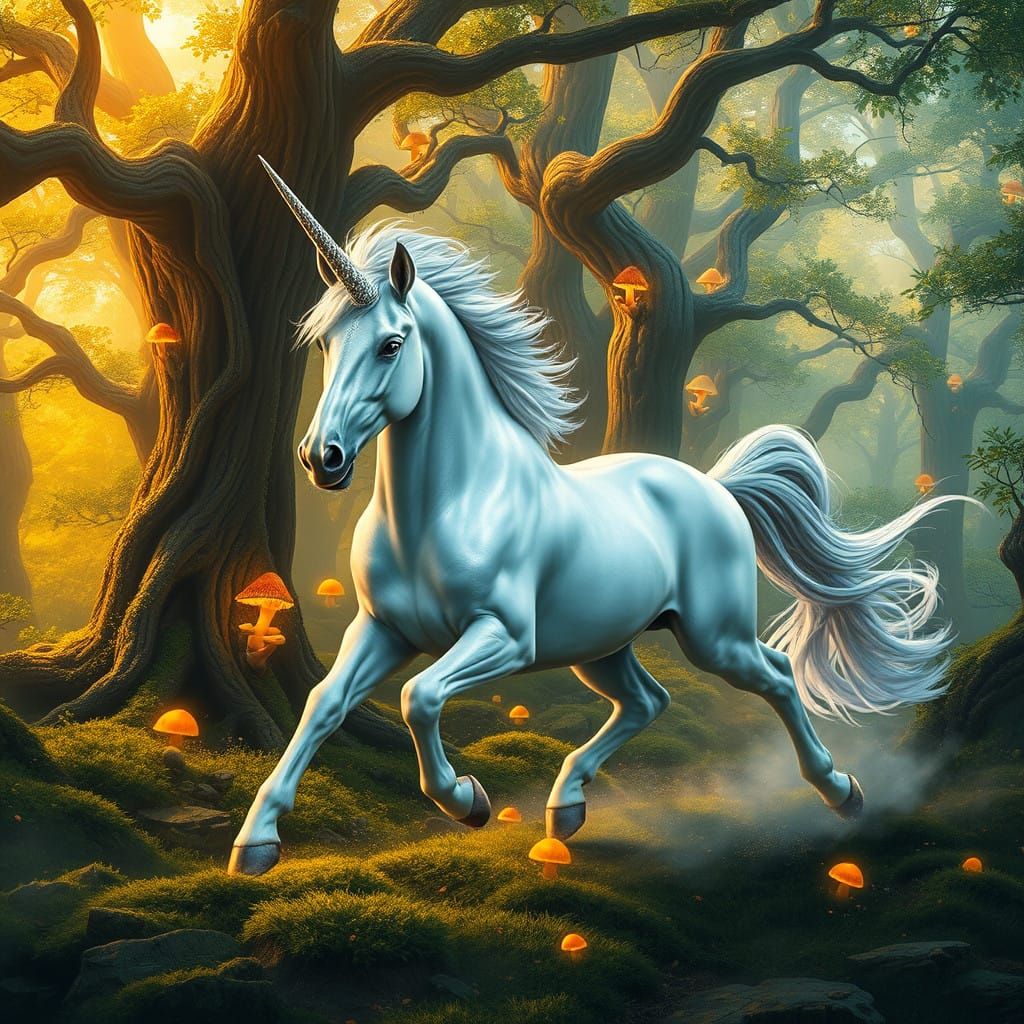 Enchanted Unicorn Runs Through Whimsical Forest