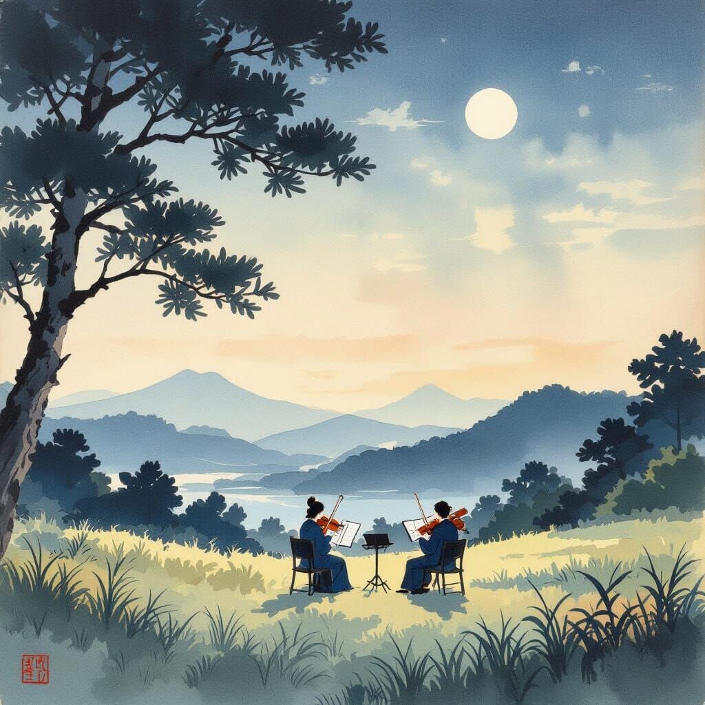 Yamato-e Painting of Summer Night with Violin Music