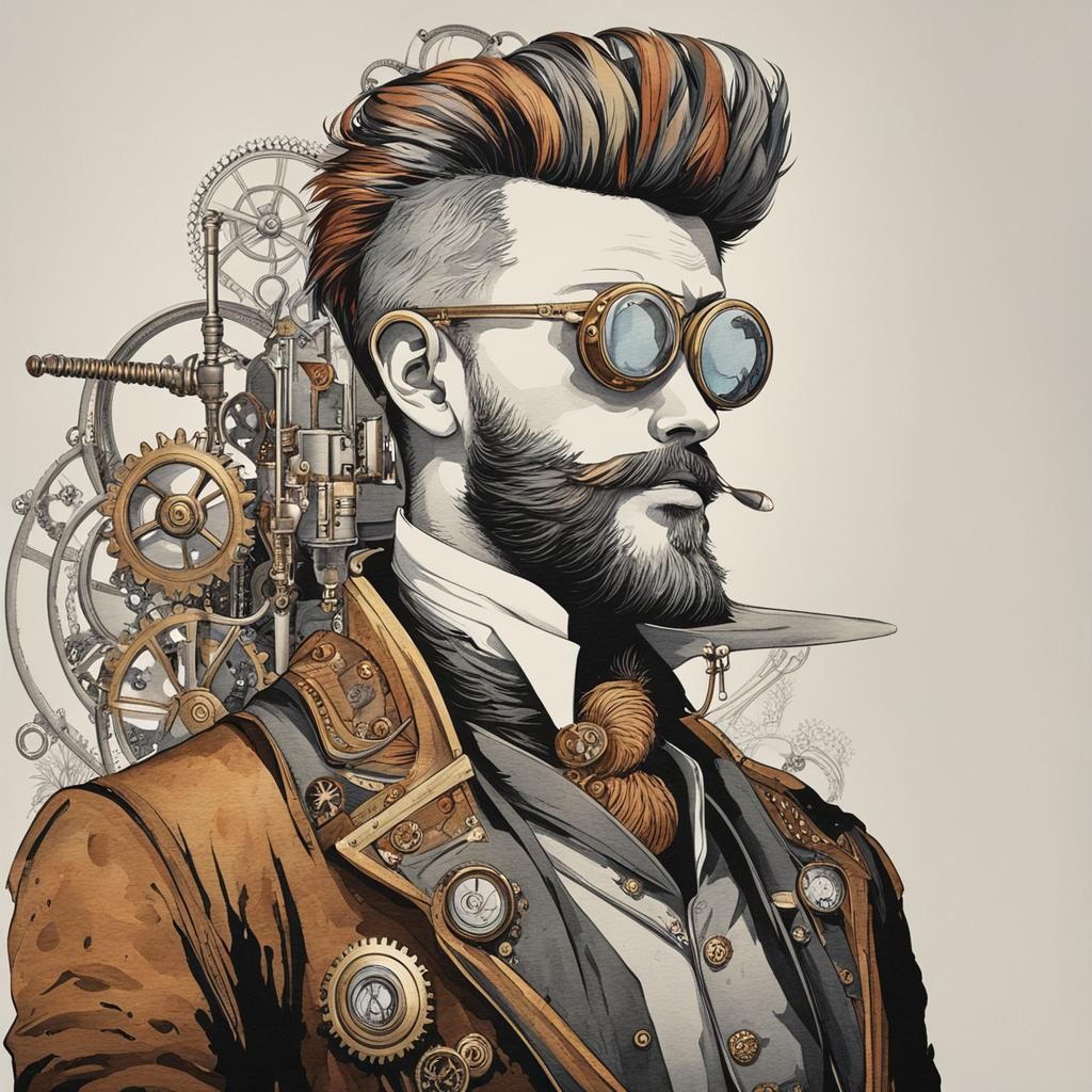 Steampunk Gentleman with Mohawk in Ink and Watercolor