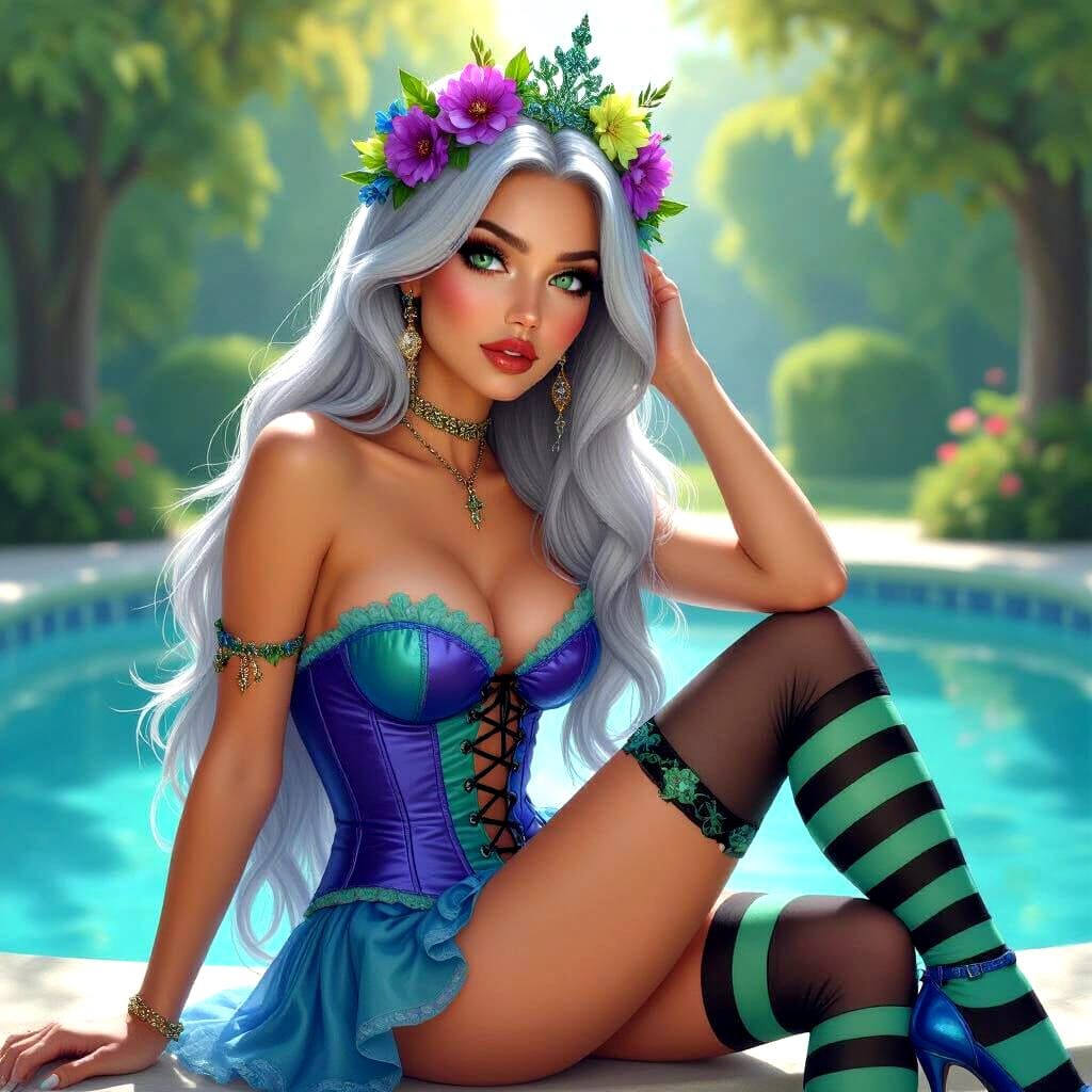 Pinup Beauty with Silver Hair by Pool