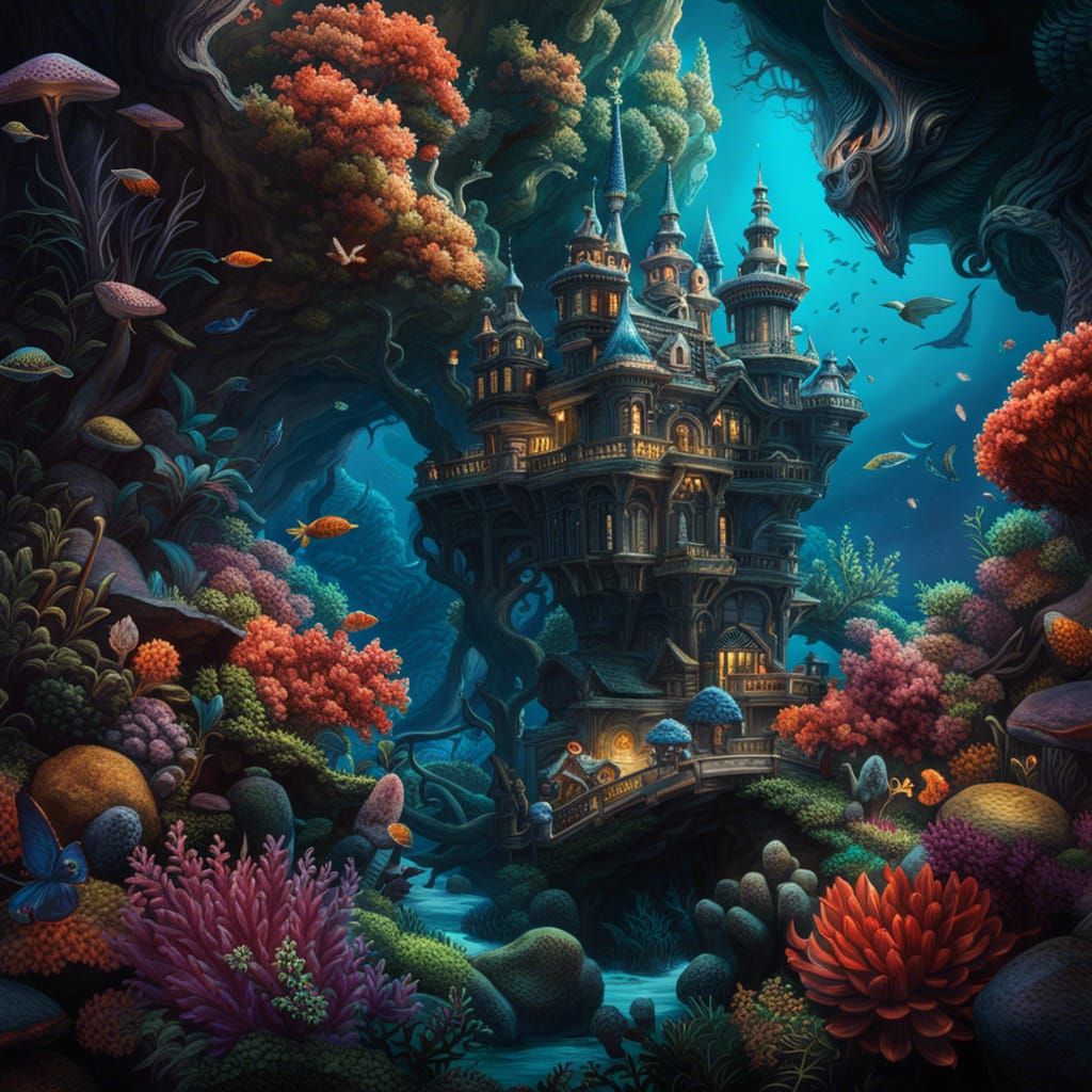 Magical Mermaid Kingdom in Bioluminescent Underwater World