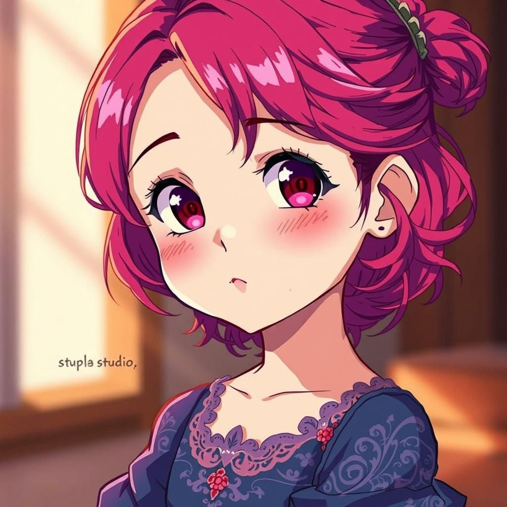 Magenta-Haired Girl in Indigo Dress, Anime Style