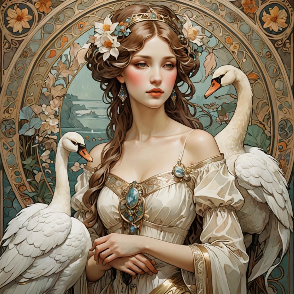 Elegant Woman with Swan in Art Nouveau Style