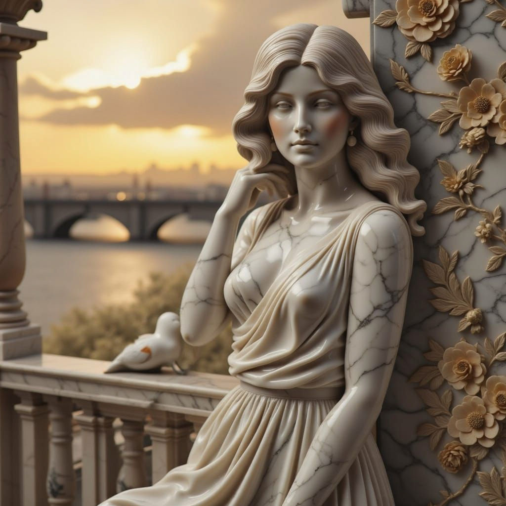 Marble Woman in Silk Dress at Sunset
