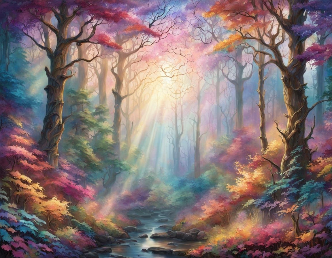 Ethereal Stained Glass Autumn Forest Window