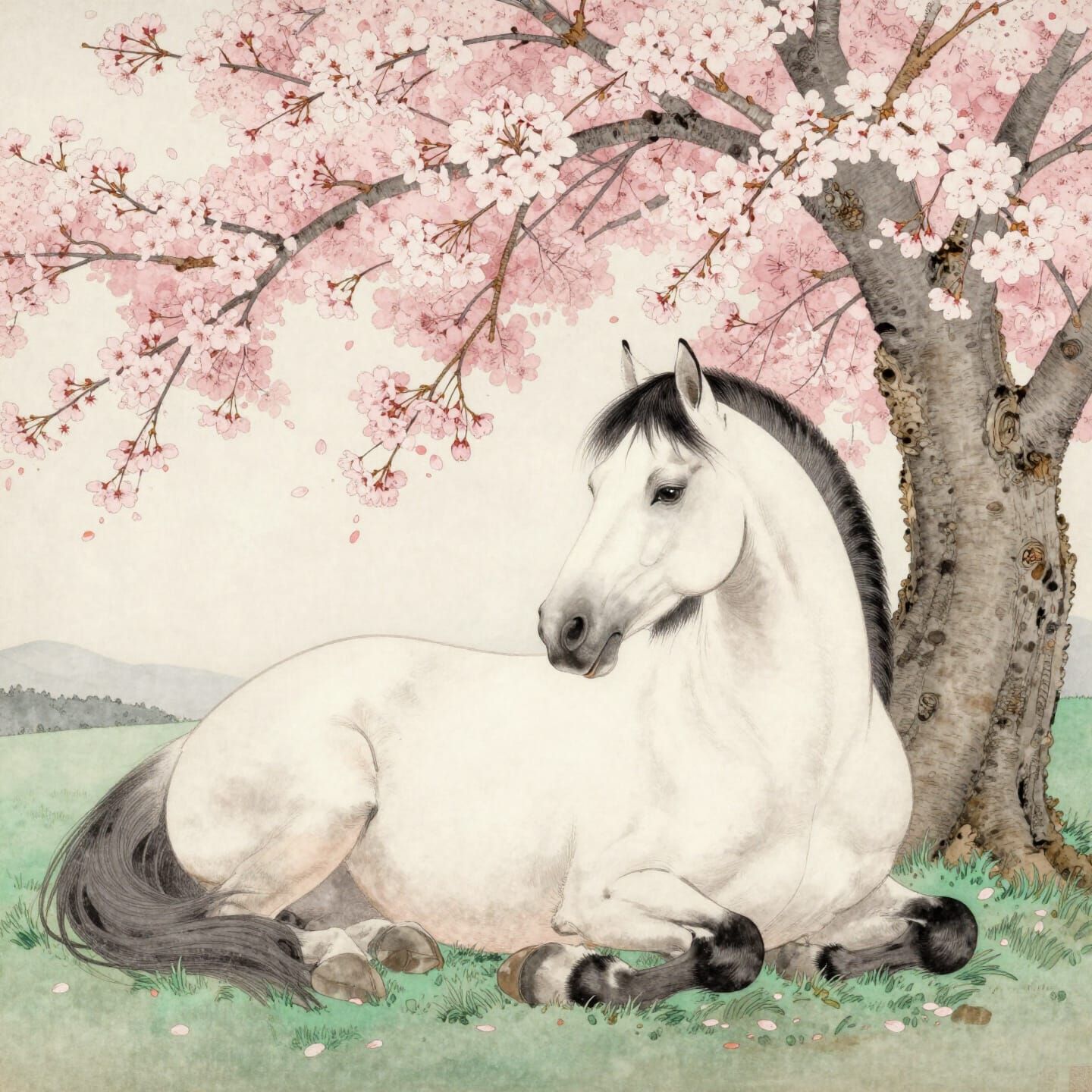 Japanese Style Horse Under Cherry Blossoms
