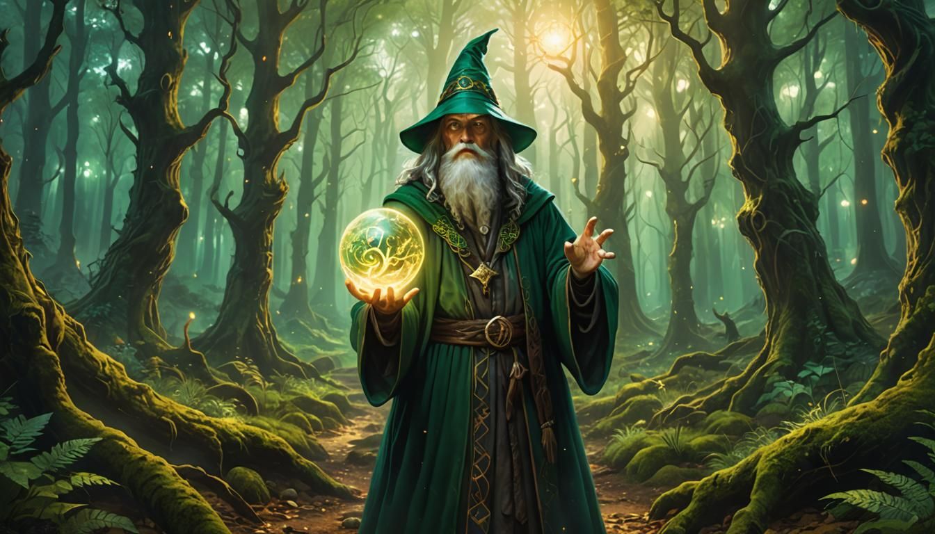 Wizard in Mystical Forest Holding Glowing Orb