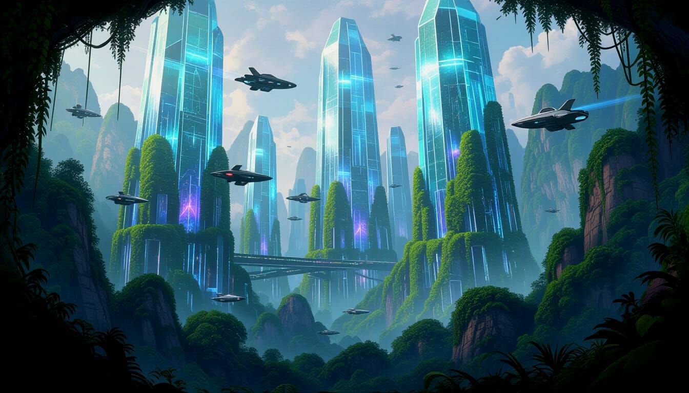 Futuristic Alien Metropolis in Overgrown Jungle