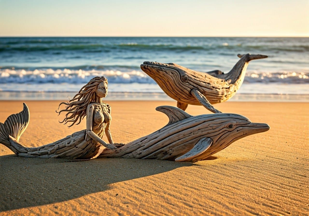 Driftwood Sculptures on Ocean Beach