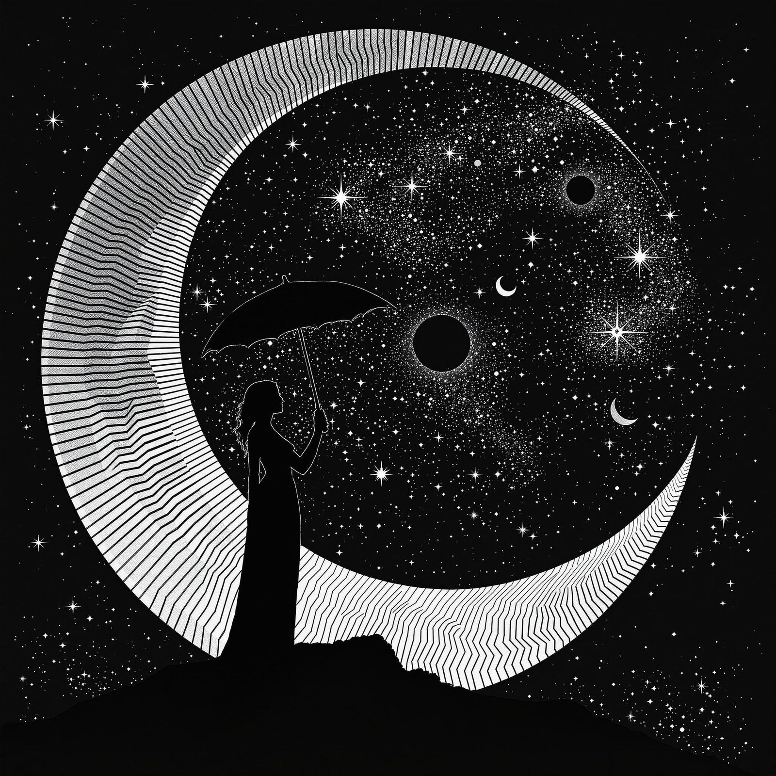 Vertigo Umbrella Under Crescent Moon in Op Art Style