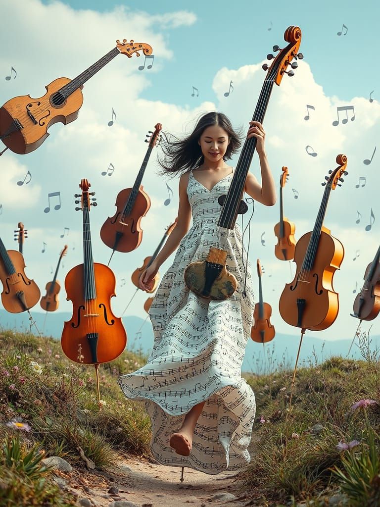 Dreamlike Scene of Woman Walking Among Floating Musical Inst...