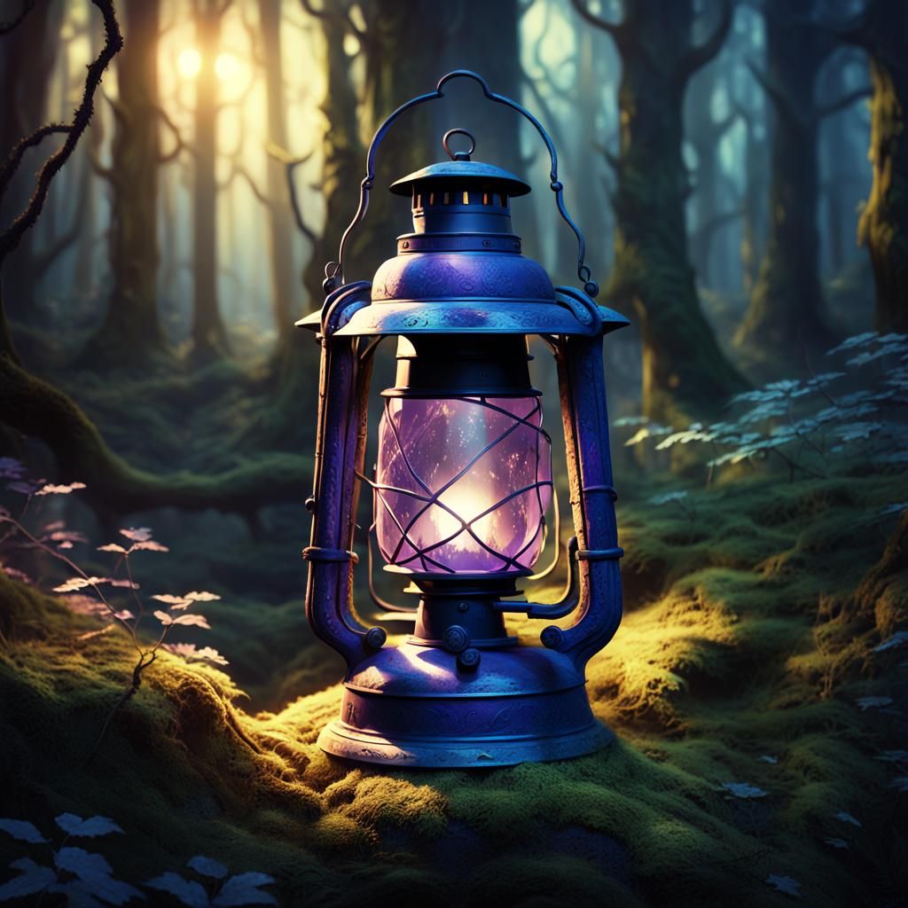 Weathered Lantern Illuminates Dark Forests in Fantasy Art