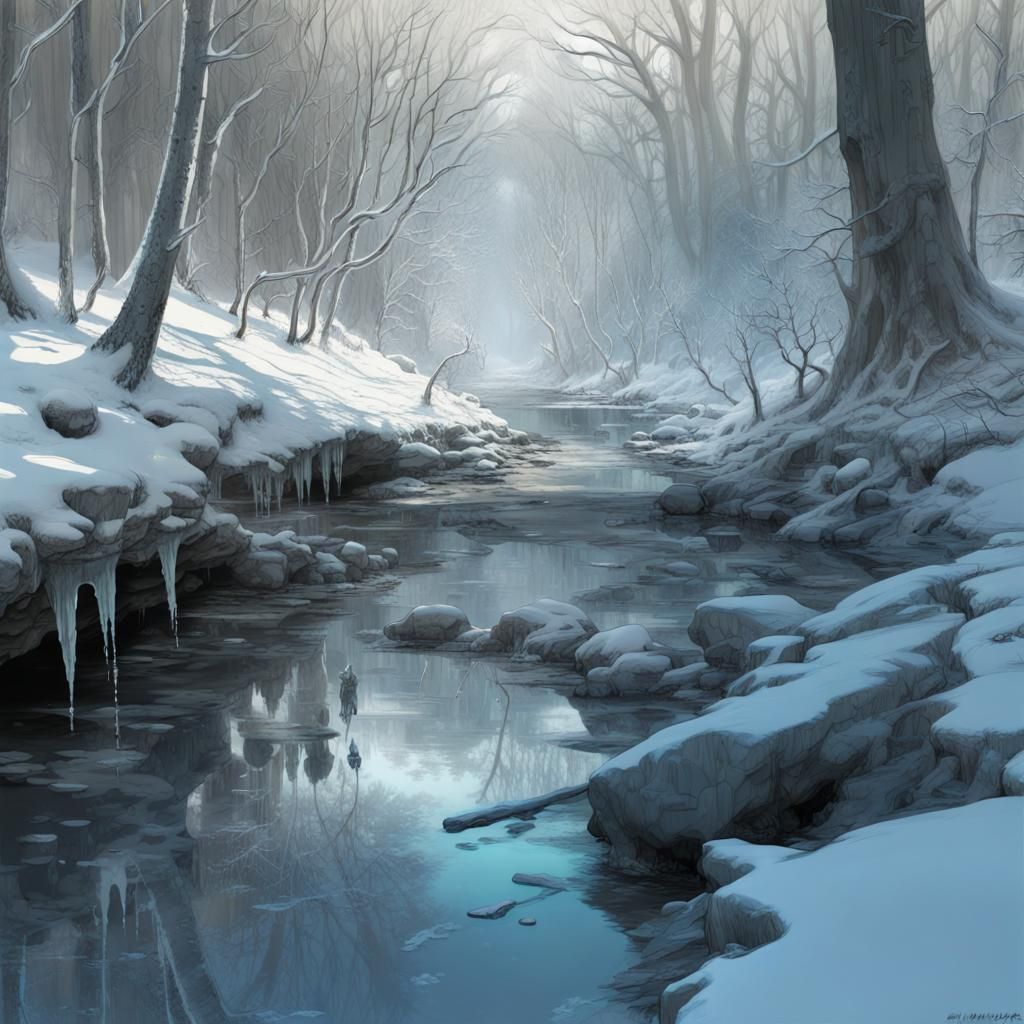 Frozen Creek Bed in Winter Forest: Fantasy Matte Painting