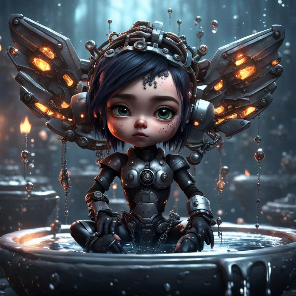 Cyborg Goth Chibi Girl with Mechanized Wings in 3D