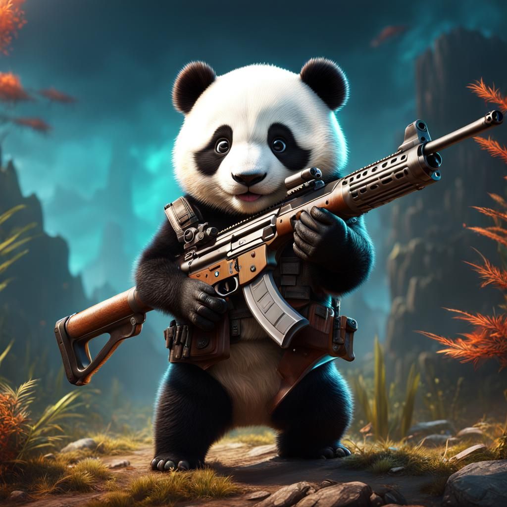 Baby Panda with Rifle: Detailed Matte Painting