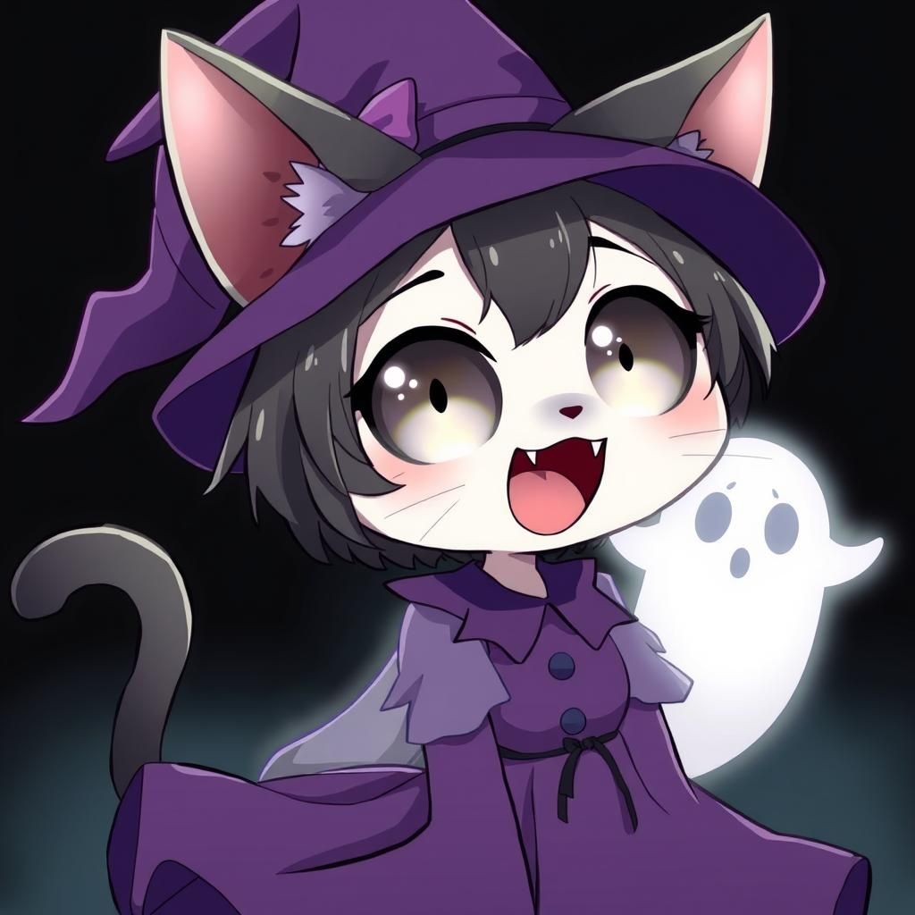 Spooky Cute Anime Catgirl Witch with Glowing Eyes