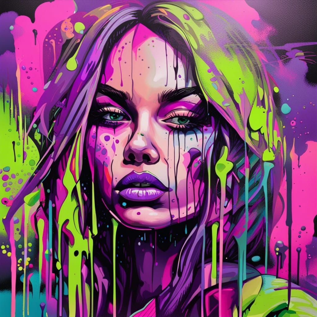 Neon Goth Woman with Mental Illness in Graffiti Art