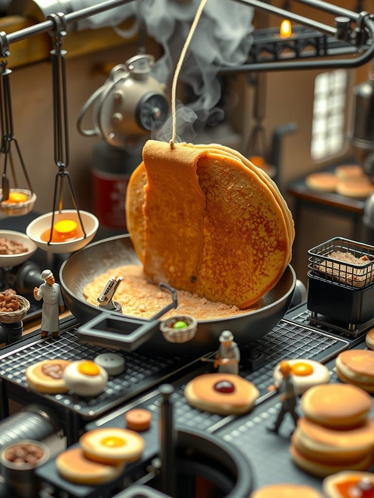 Miniature Pancake Factory in Warm, Hyper-Realistic Detail
