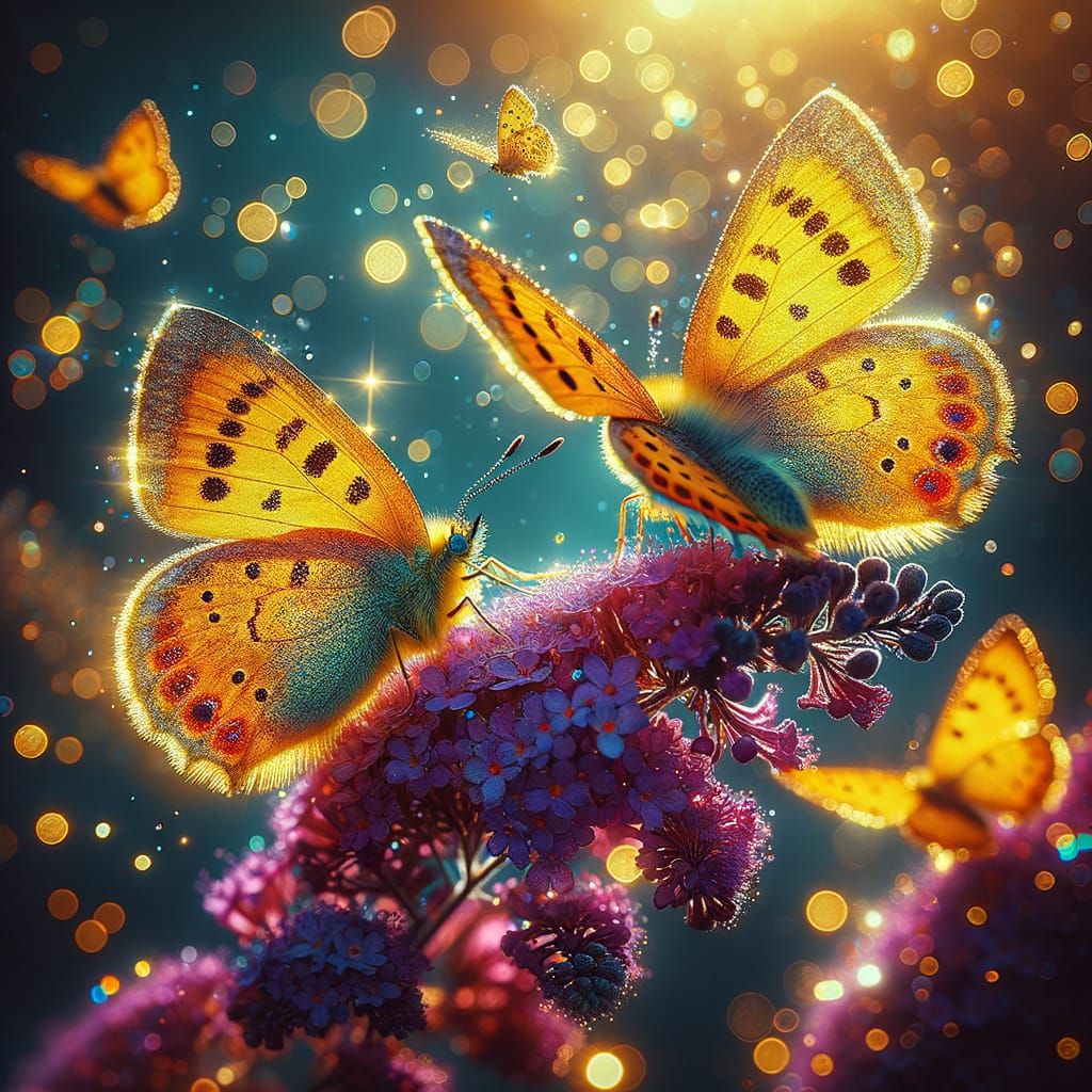 Radiant Sulfur Butterflies Dance Among Violet Flowers