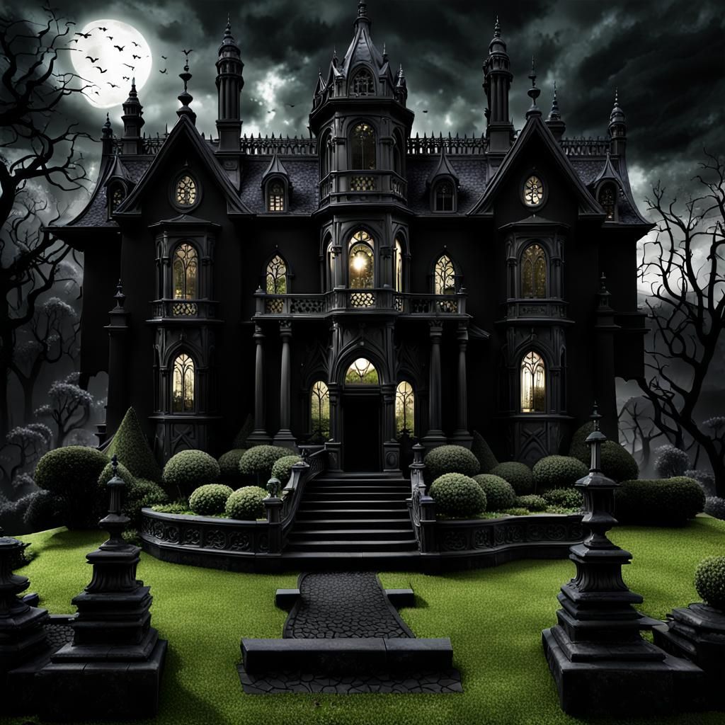 Gothic Black Mansion Amidst a Dark Fantasy Garden