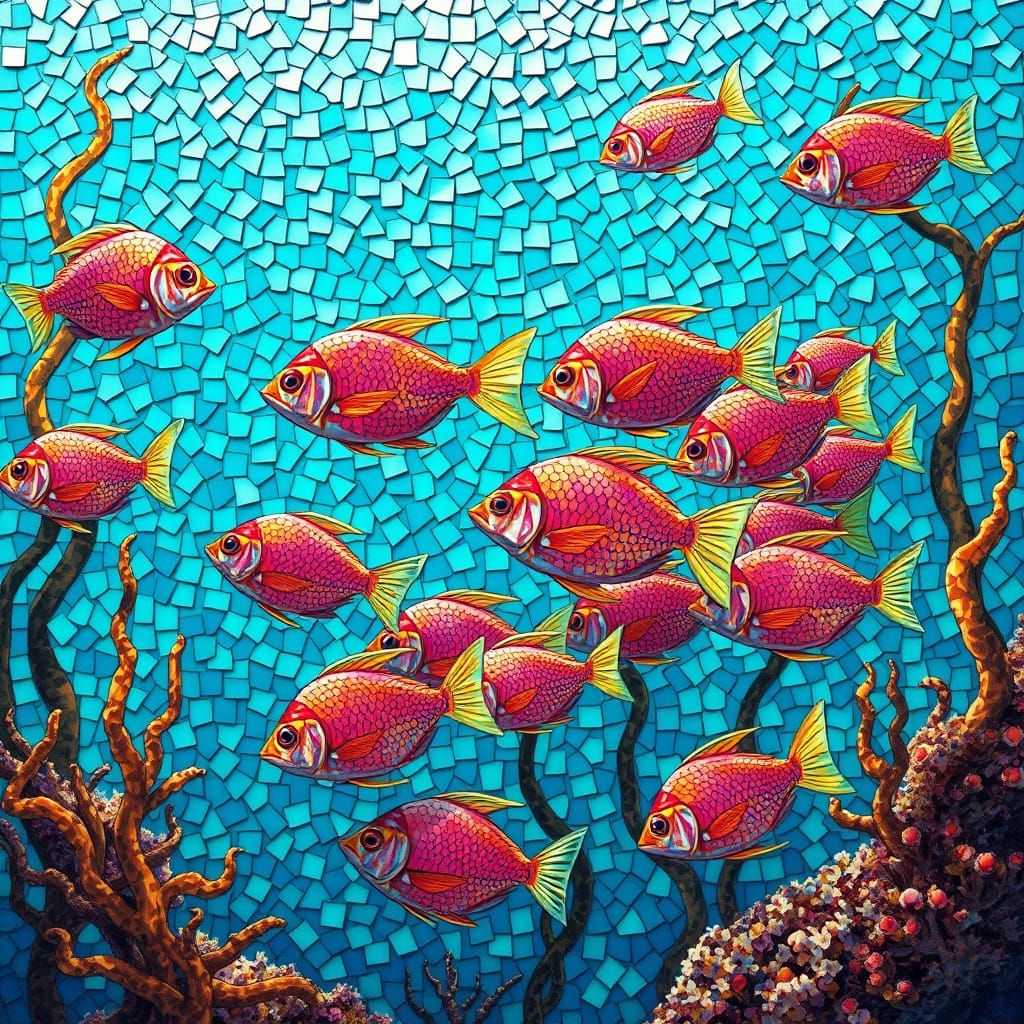 Mosaic of Iridescent Fish in Turquoise Water