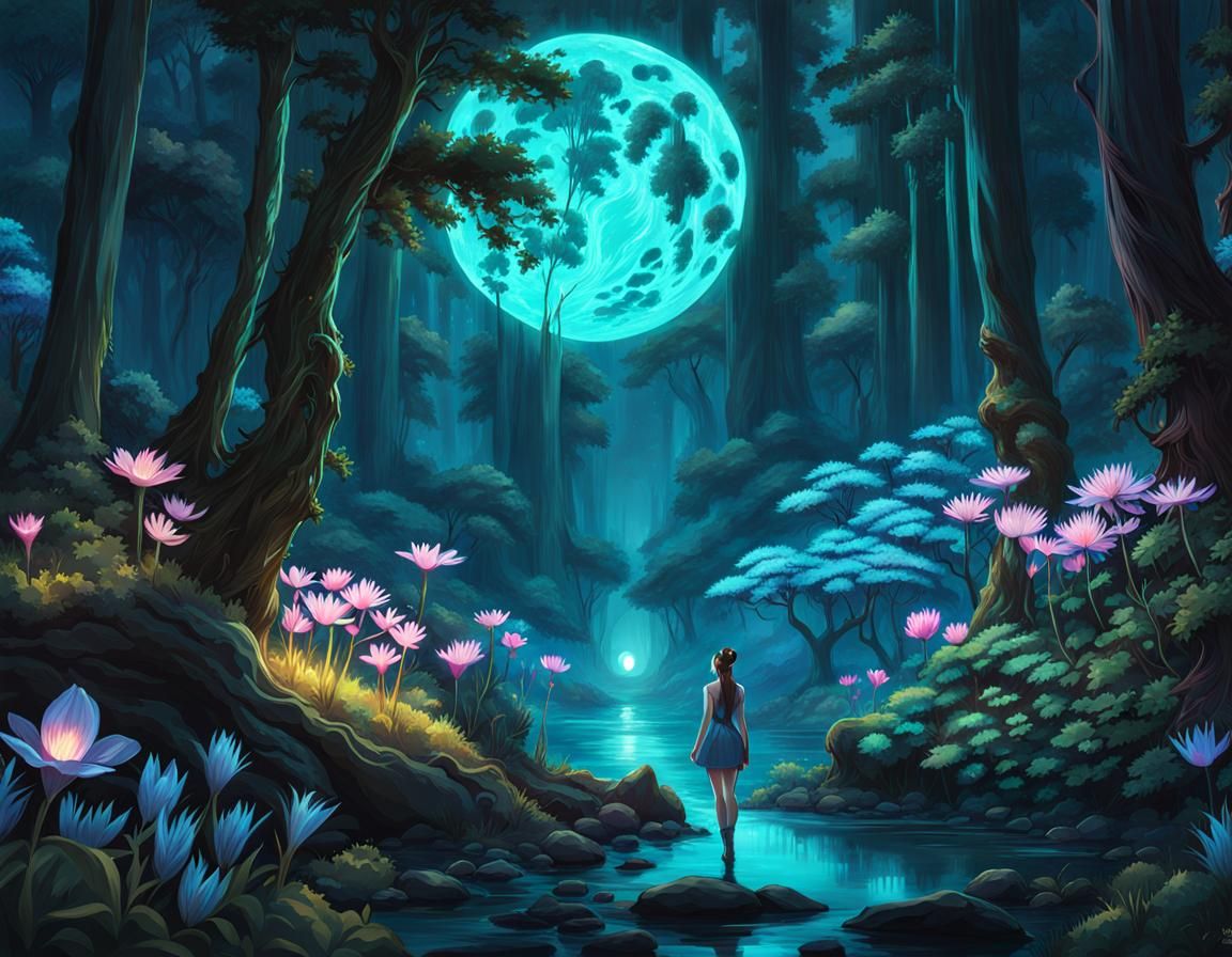 Bioluminescent Enchanted Forest with Elf Girl