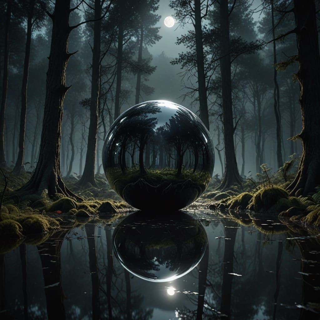 Chrome Sphere Illuminates Mystical Forest in Lunar Glow