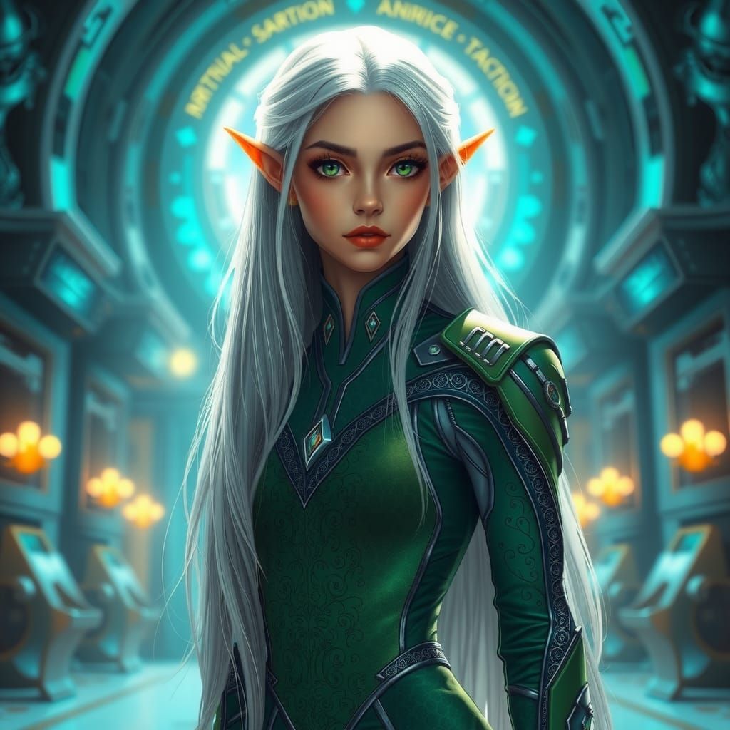 High Elf in Emerald Sci-Fi Chamber