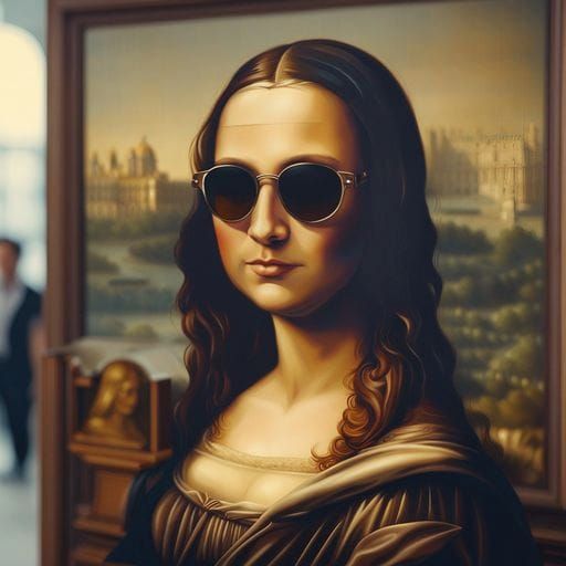 Mona Lisa with Sunglasses: Matte Oil Painting Style