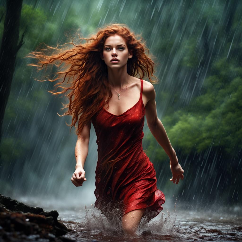 Redhead in Rain: Hyperrealistic Forest Escape