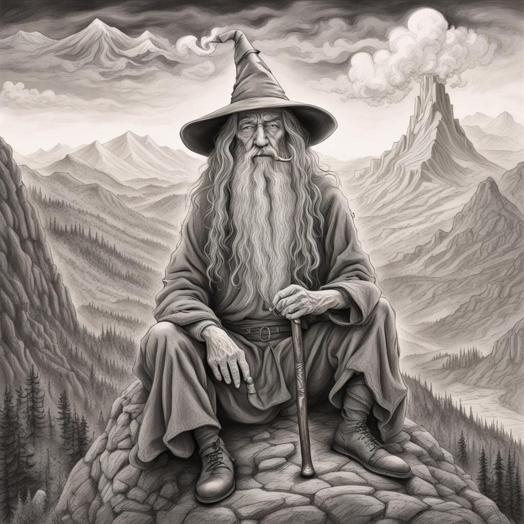 Gandalf Overlooking Landscape in Charcoal Drawing