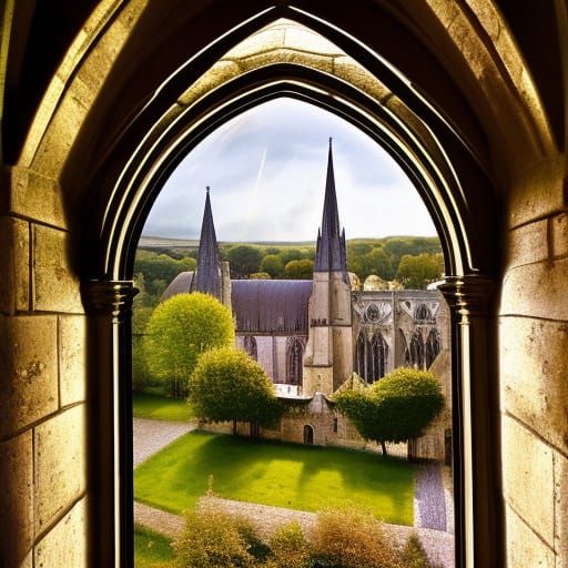 Gothic Cathedral View Through Cottage Window