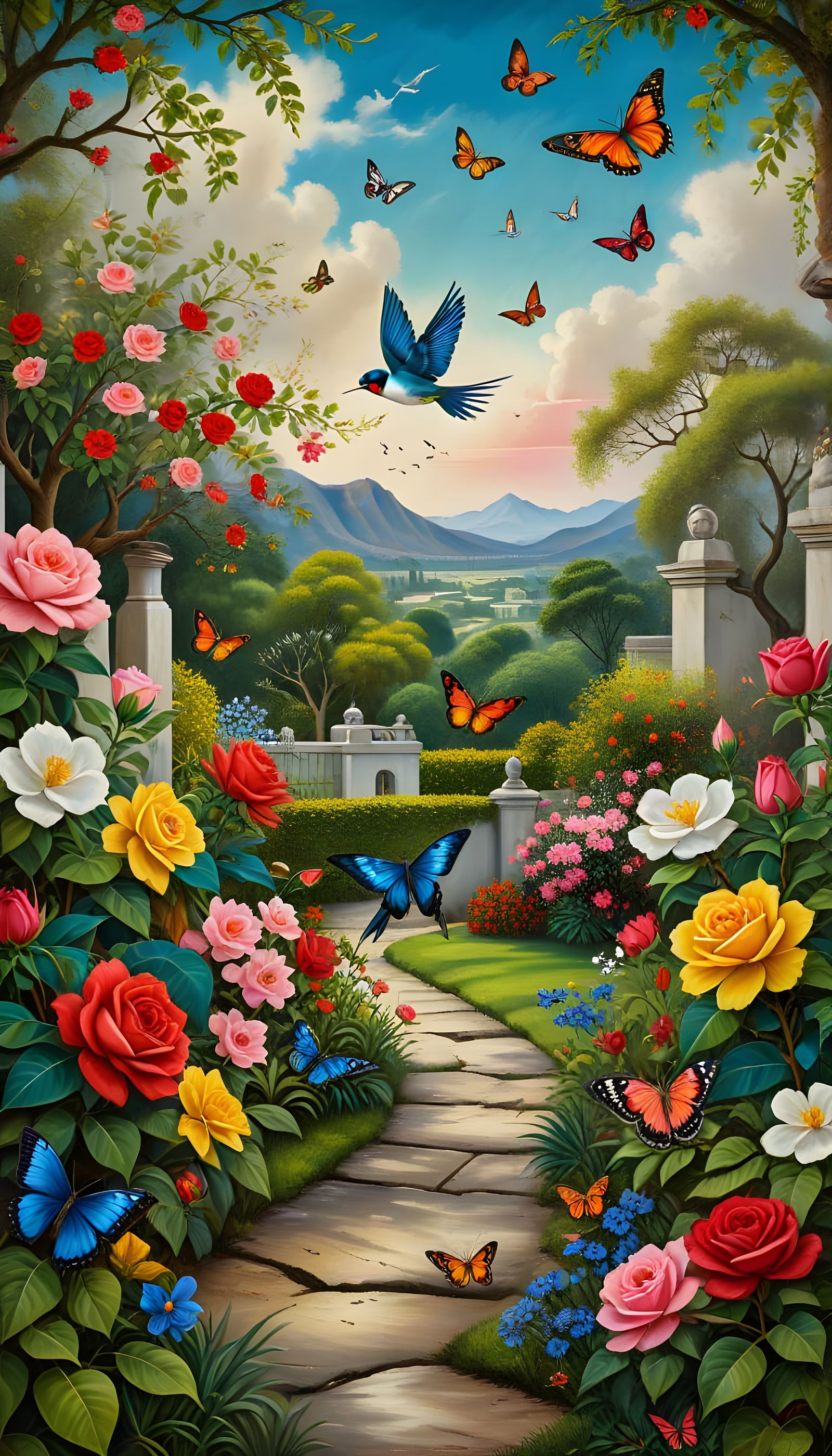 Vibrant Spring Landscape with Butterflies and Blossoms in Im...