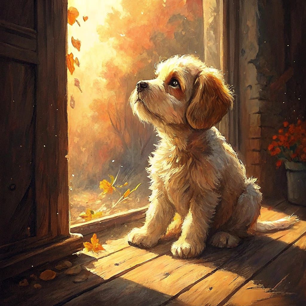 Charming Oil Painting of a Whimsical Puppy in Warm Glow