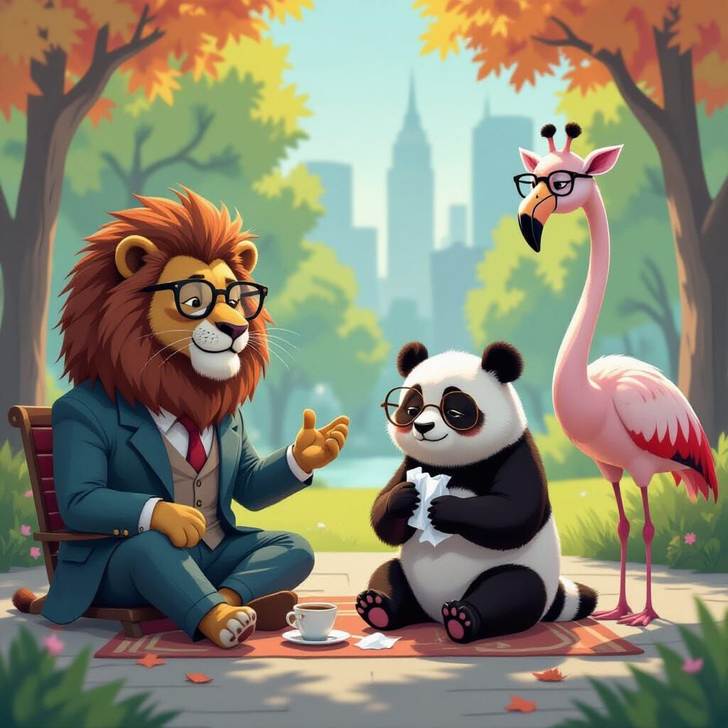 Animals Acting Human in a Surreal City Park