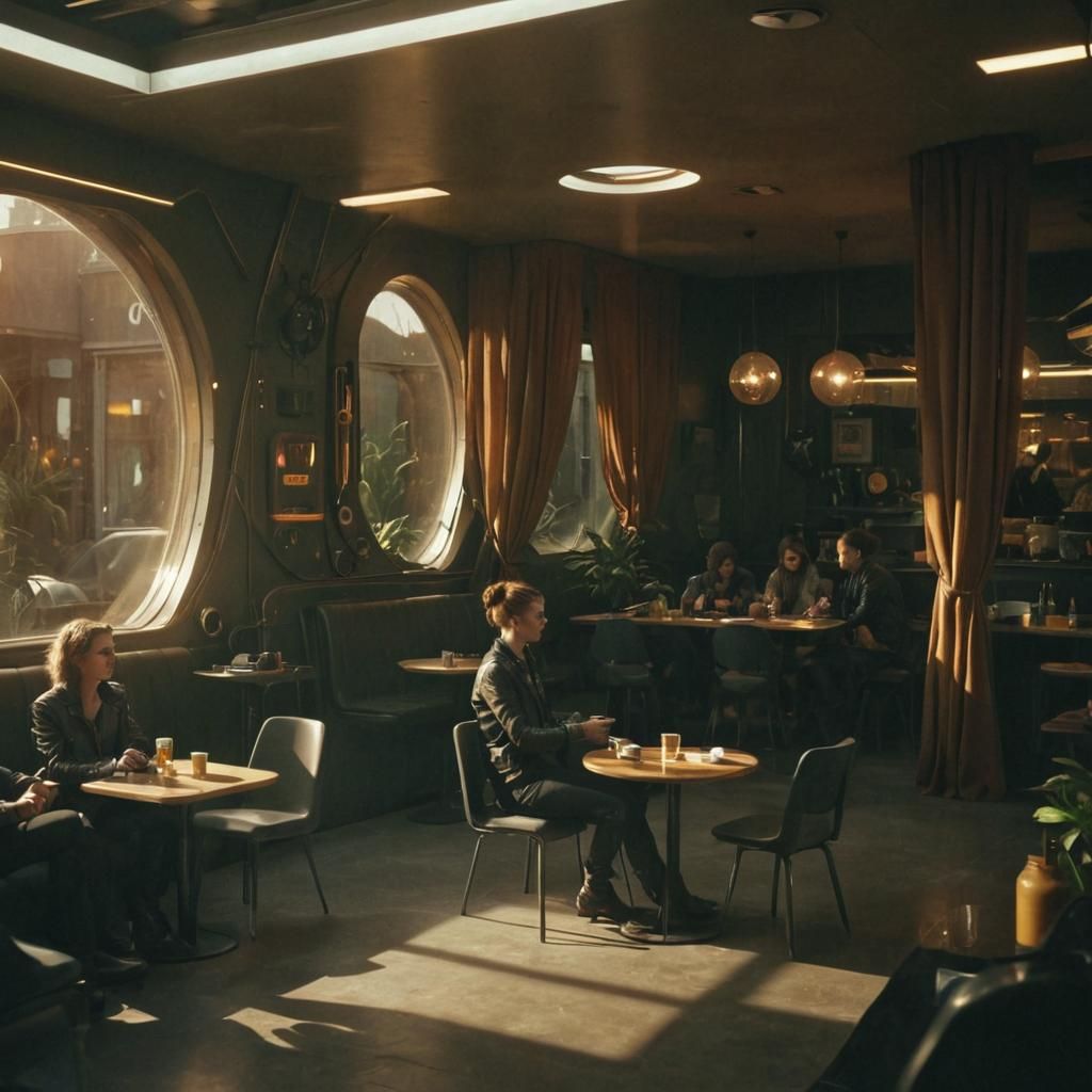 Futuristic solar punk cafe interior with minimalistic design, includes a few people , curtains on windows, dramatic lig...