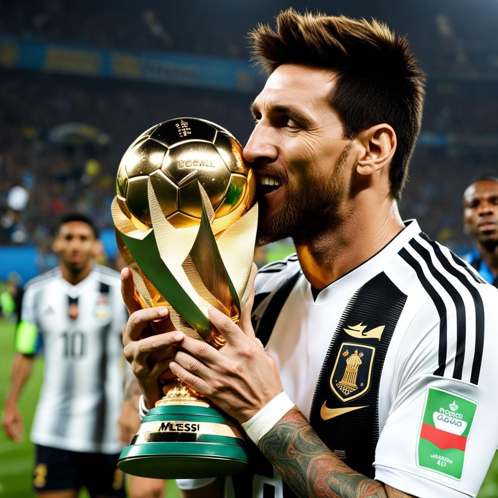 Lionel Messi Celebrates with World Cup Trophy