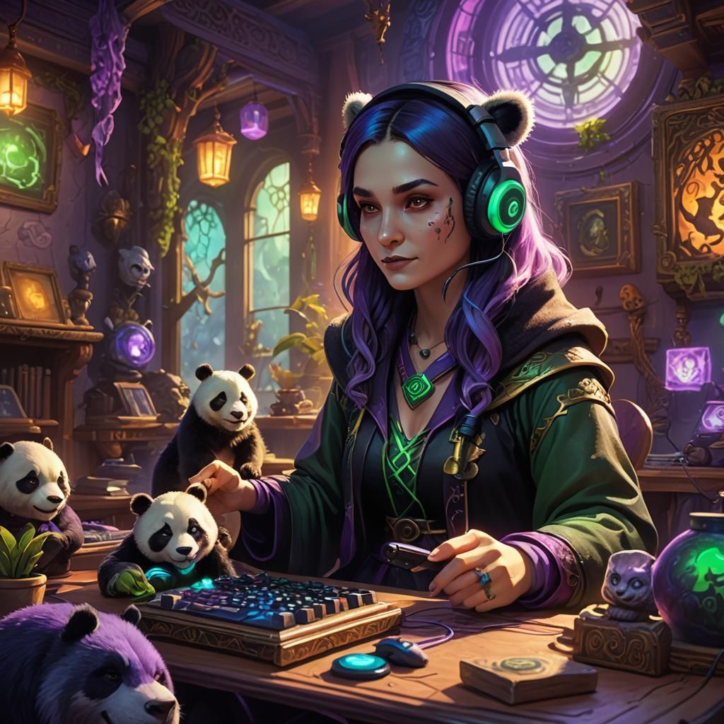 Magical Witch Gaming with Panda in Fantasy Art