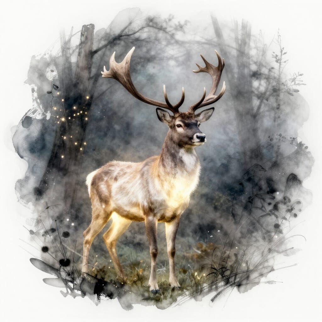 Ethereal Stag in Misty Moonlit Forest